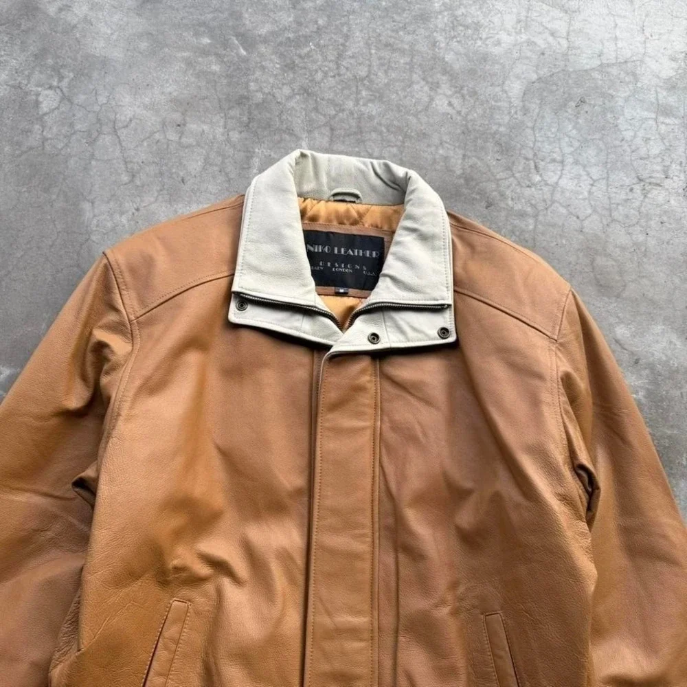 Vintage 90's brown and white leather boxy fit zip up jacket